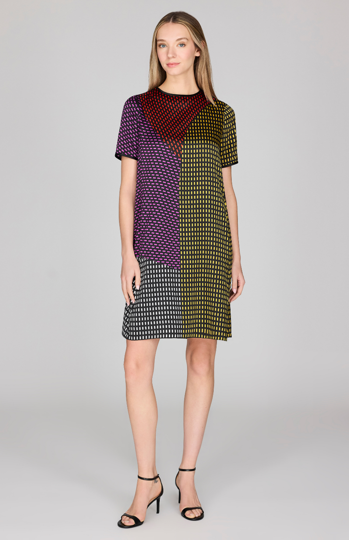 Stitch Print Silk Short Sleeve Trapeze Dress