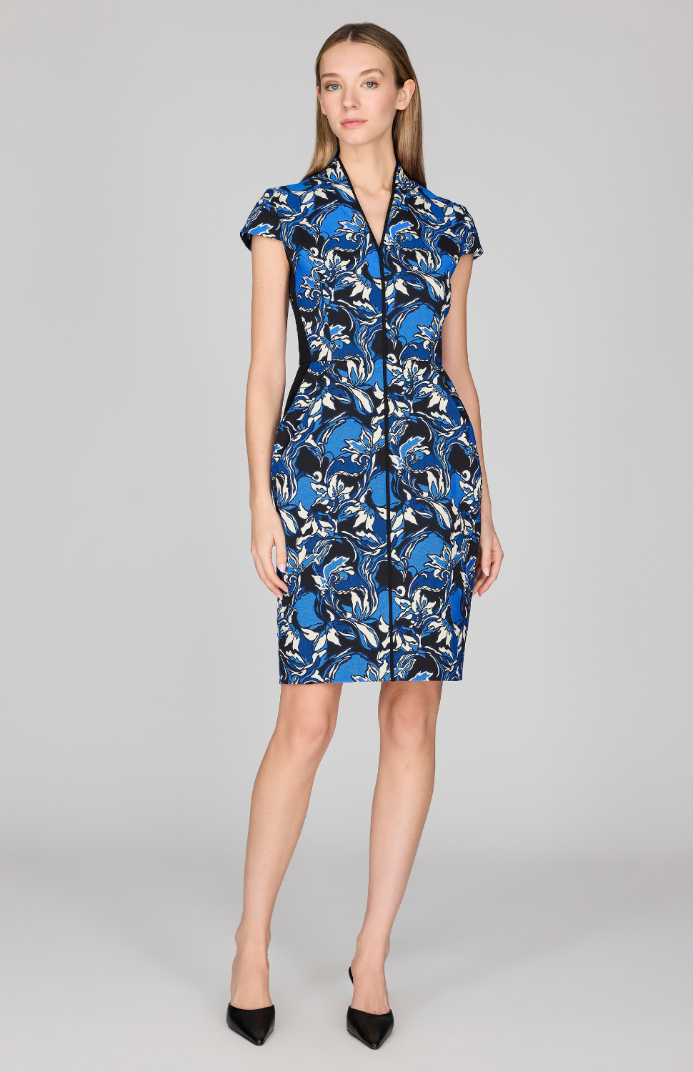Floral Stretch Jacquard High Neck Dress W/ Cap Sleeves 4 / Blue Multi ZF Floral Stretch Jacquard High Neck Dress W/ Cap Sleeves 4 / Blue Multi ZF
