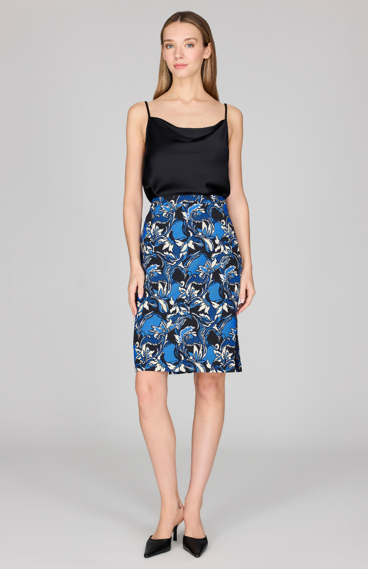 Floral Stretch Jacquard Narrow Skirt w/ Side Slit & Underskirt
