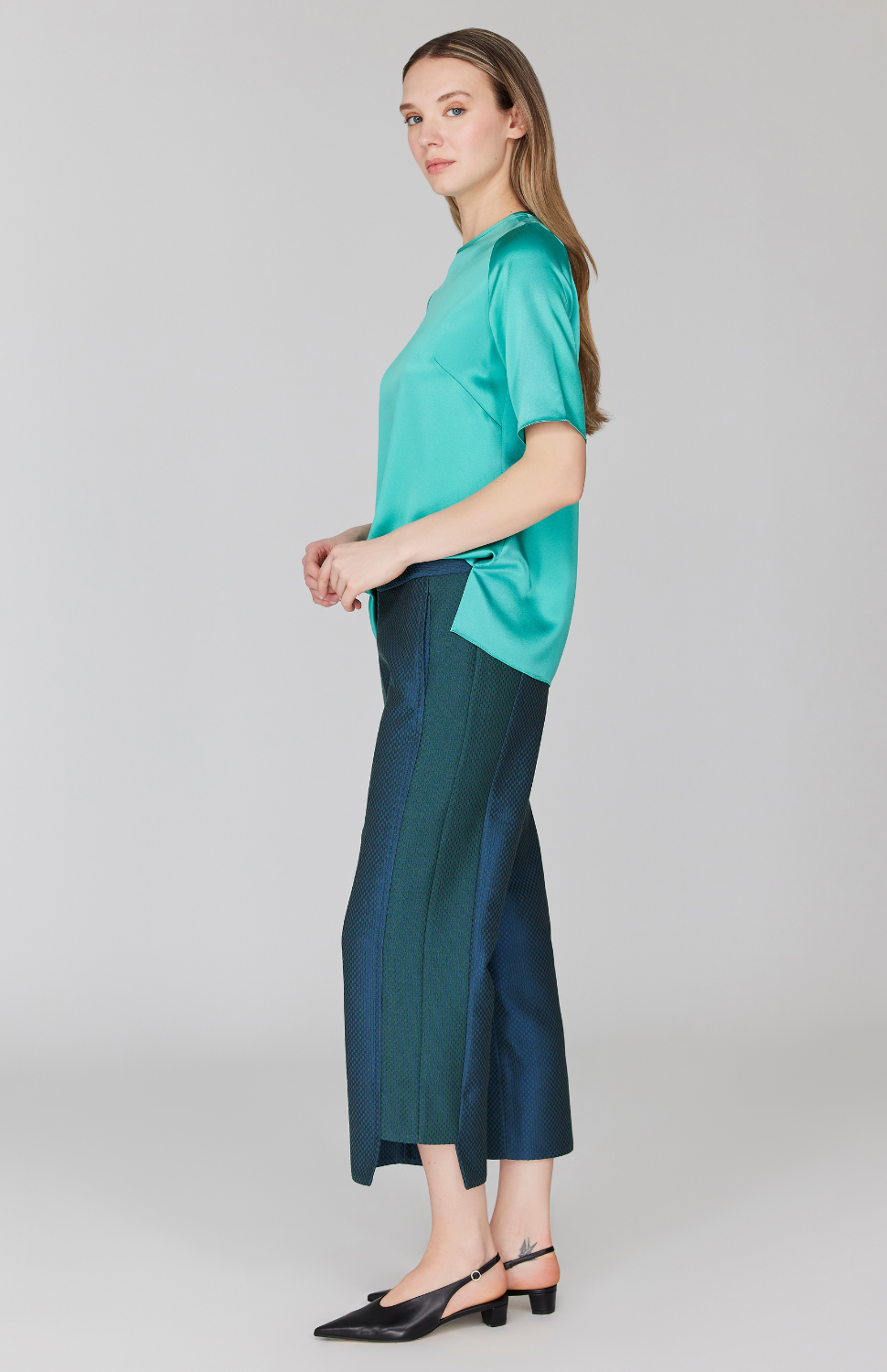 Double Face Check Jacquard Straight Pant w/ Step Hem