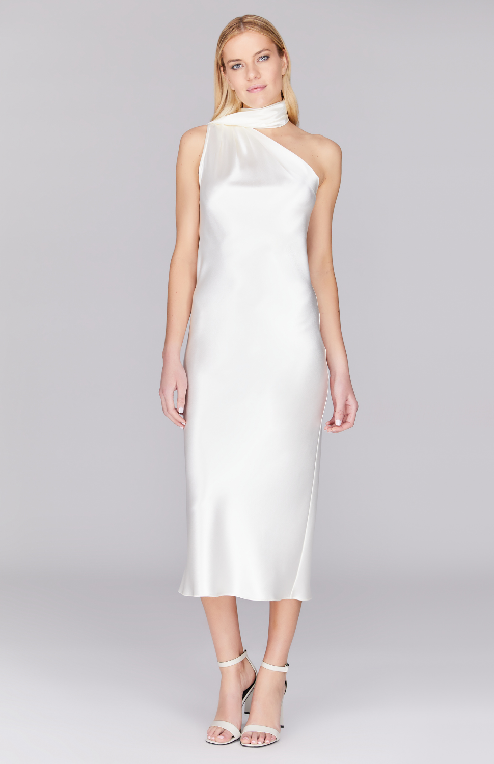 Satin One Shoulder Bias Dress w/ Scarf