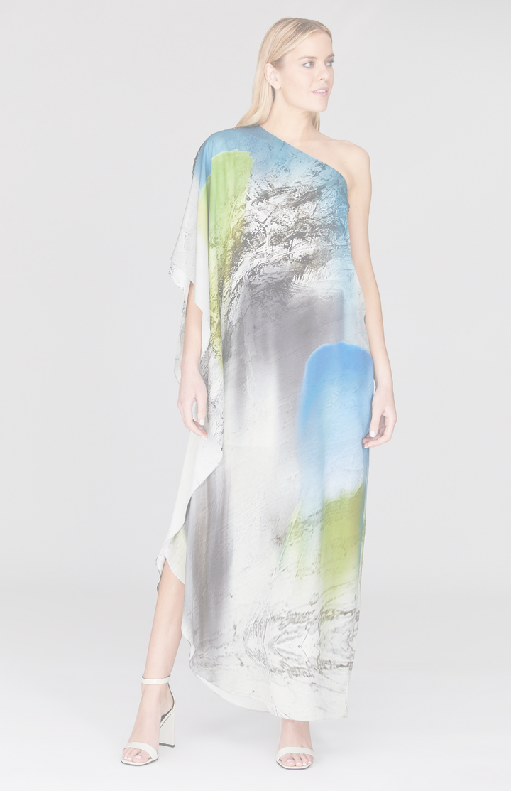 Abstract Landscape One Shoulder Cascade Gown