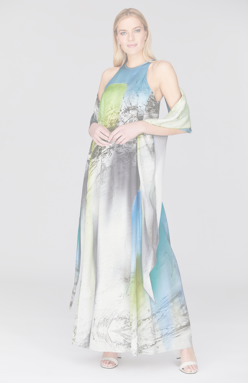 Abstract Landscape Long Trapeze Gown w/ Cascade Back