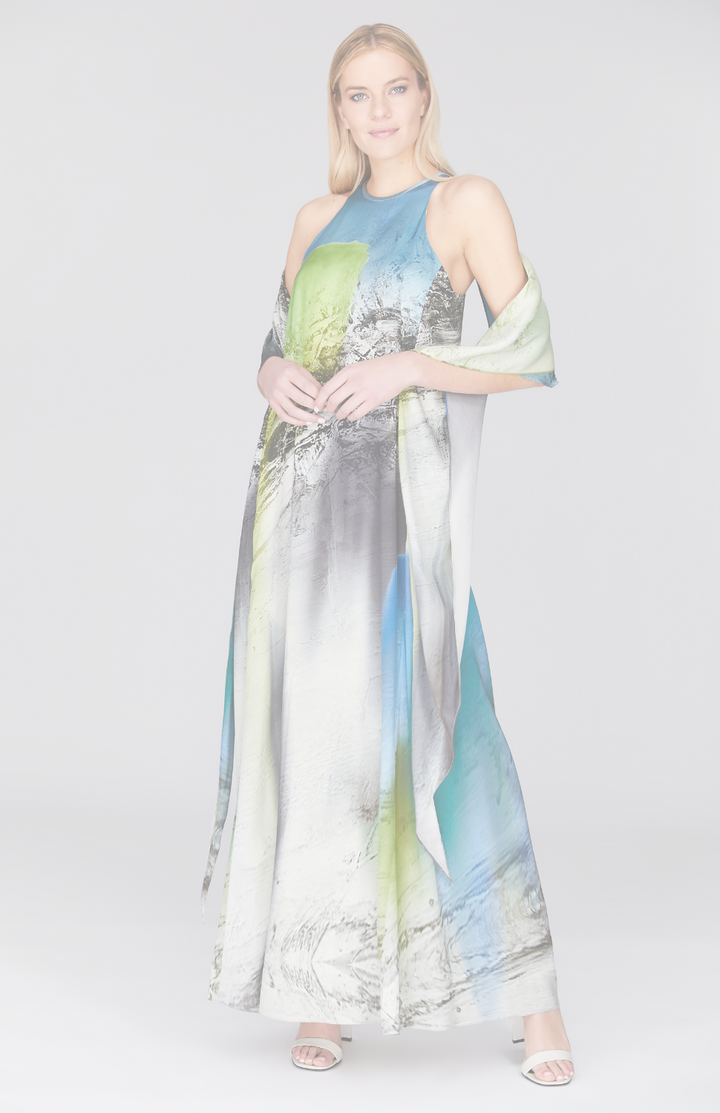 Abstract Landscape Long Trapeze Gown w/ Cascade Back
