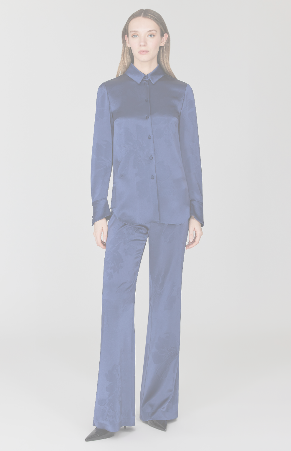 Embossed Floral Satin Flare Pant w/ Back Zip