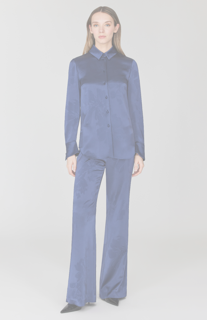 Embossed Floral Satin Flare Pant w/ Back Zip