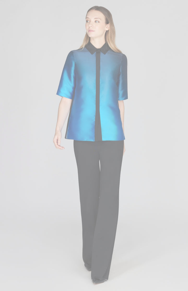 Gradient Print Collared Blouse w/ Short Sleeve