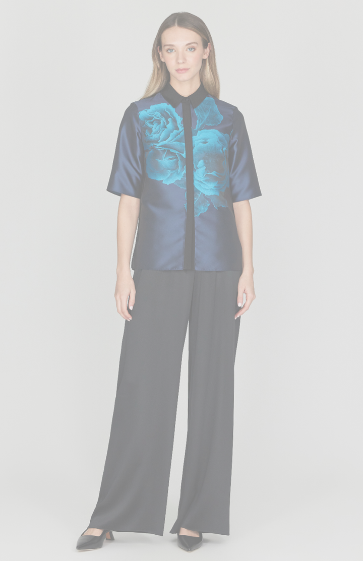 Shadow Rose Jacquard Collared Blouse w/ Short Sleeve