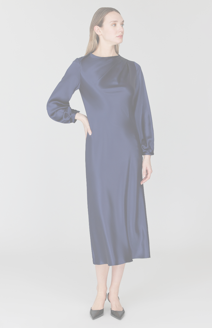 Satin Long Sleeve Bias Dress w/ Asymmetric Pleating
