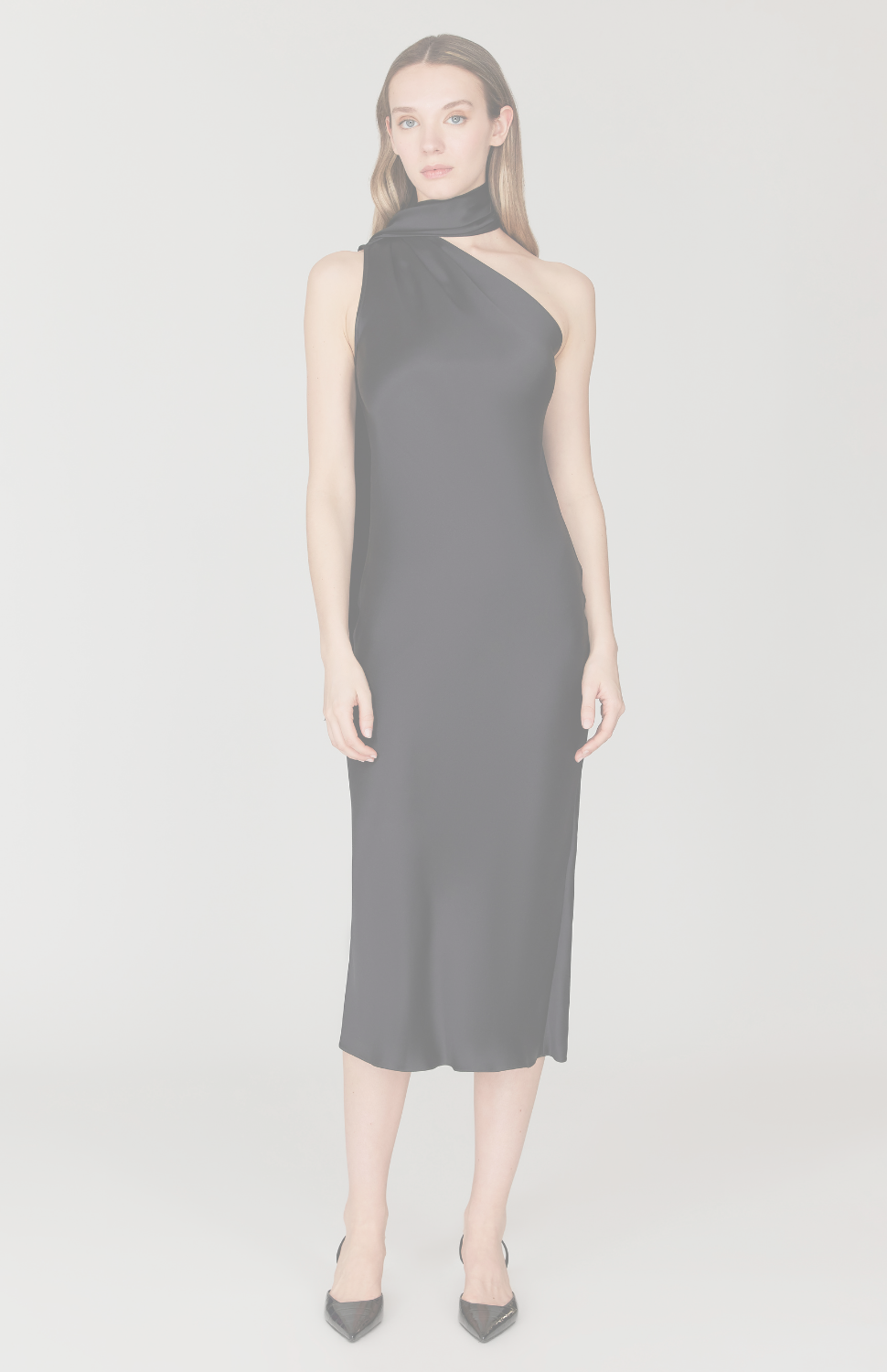 Satin One Shoulder Bias Dress w/ Scarf