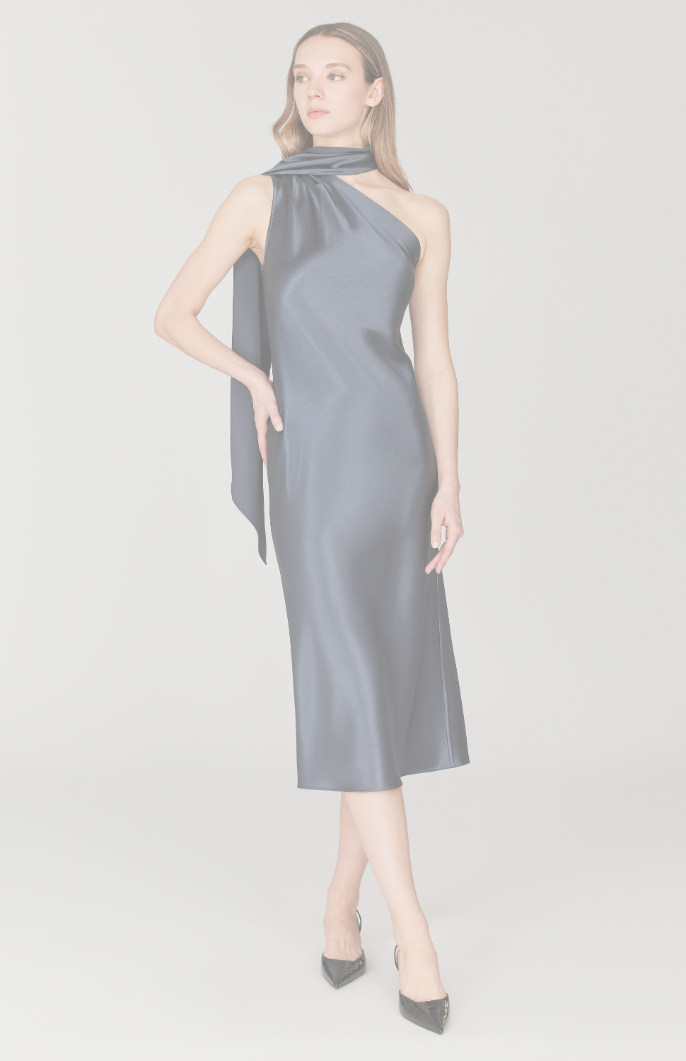 Satin One Shoulder Bias Dress w/ Scarf