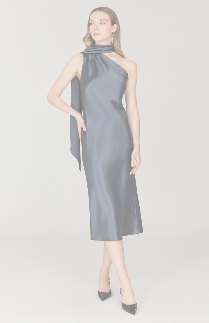 Satin One Shoulder Bias Dress w/ Scarf