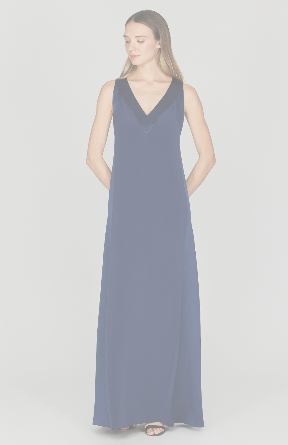 Silk V Neck Gown w/ Satin Contrast Panels