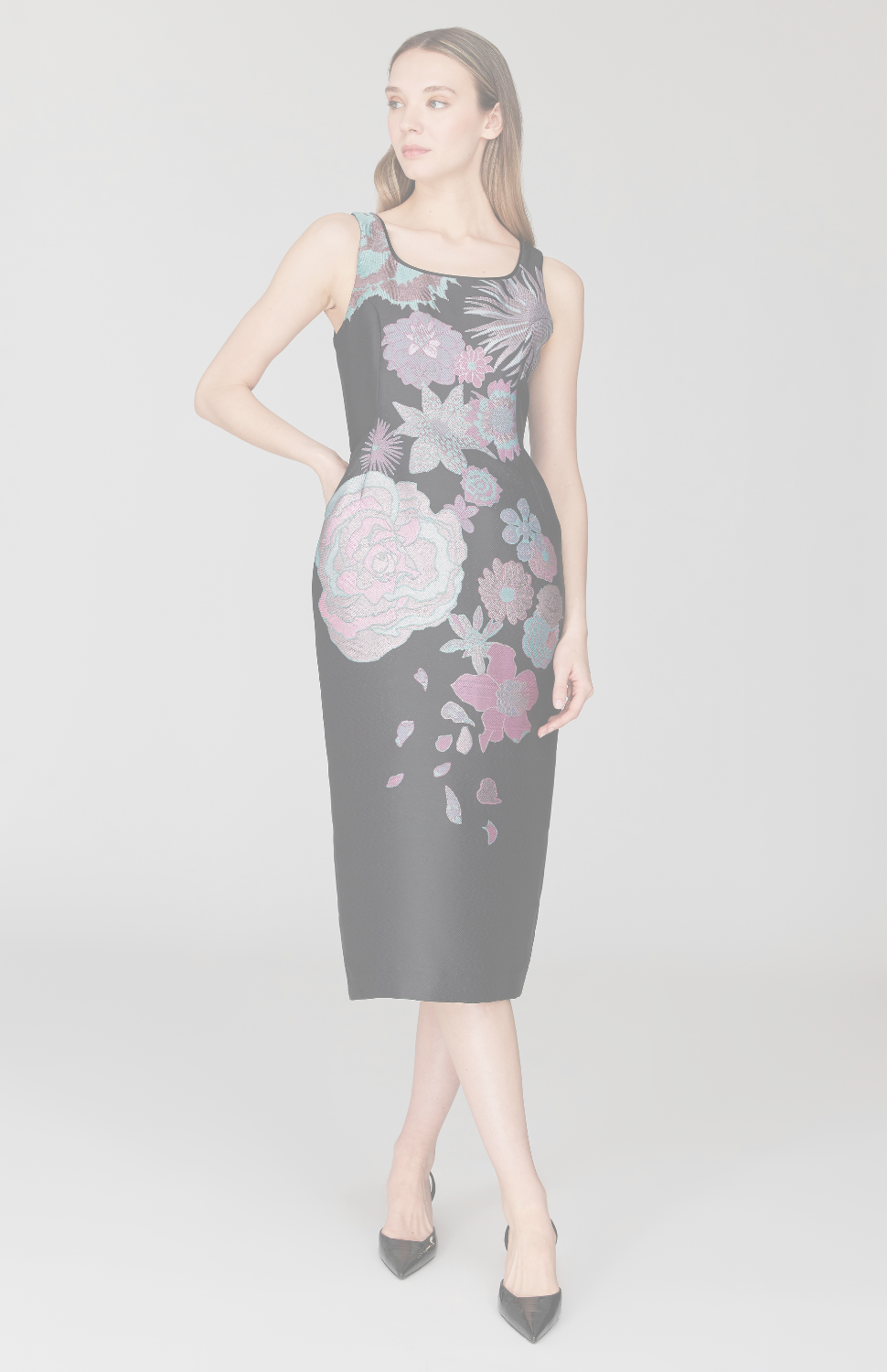 Metallic Scattered Flora Long Fitted Dress w/ Satin Bias