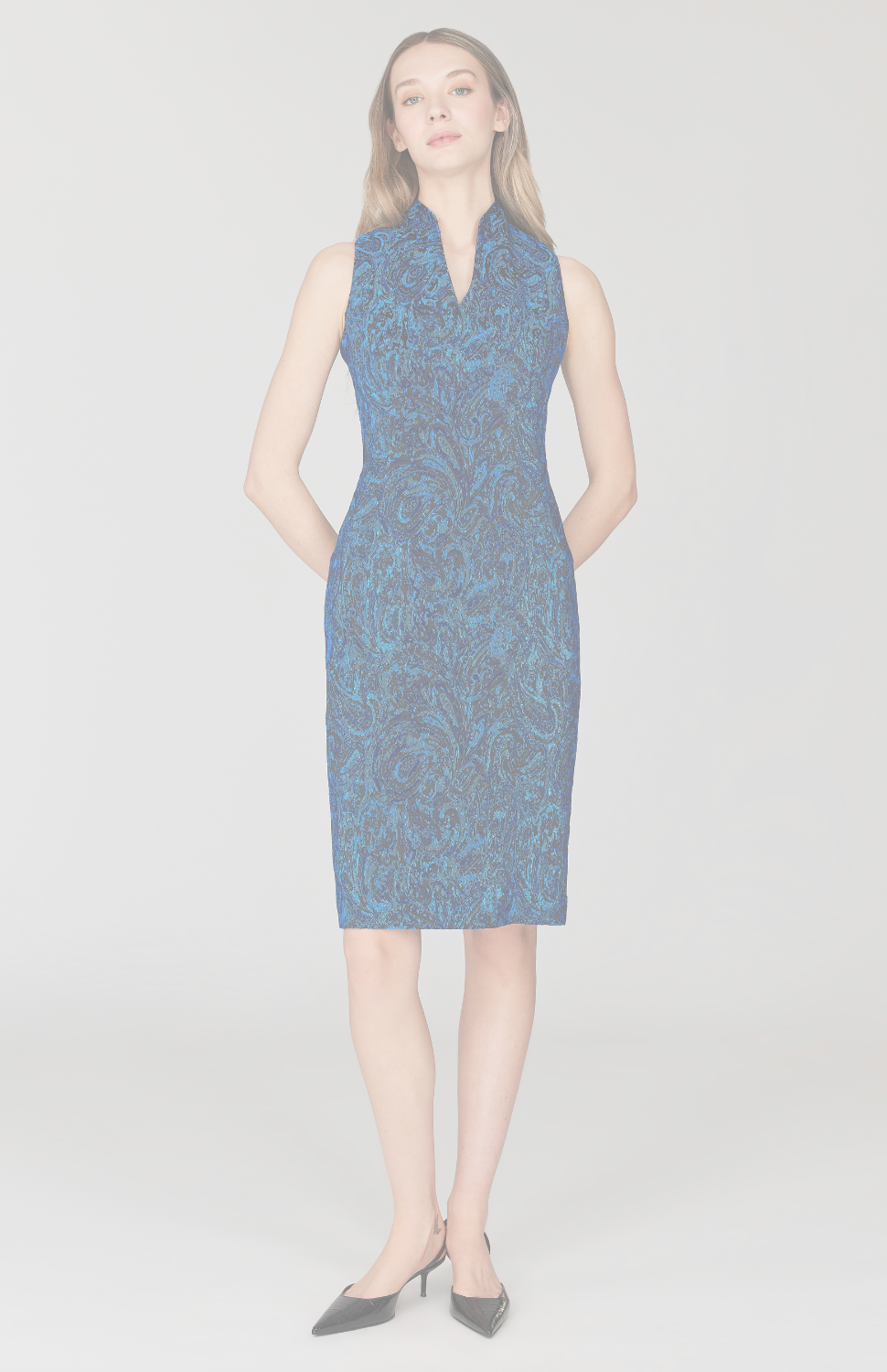Paisley Stretch Jacquard Fitted Dress w/ High Neck