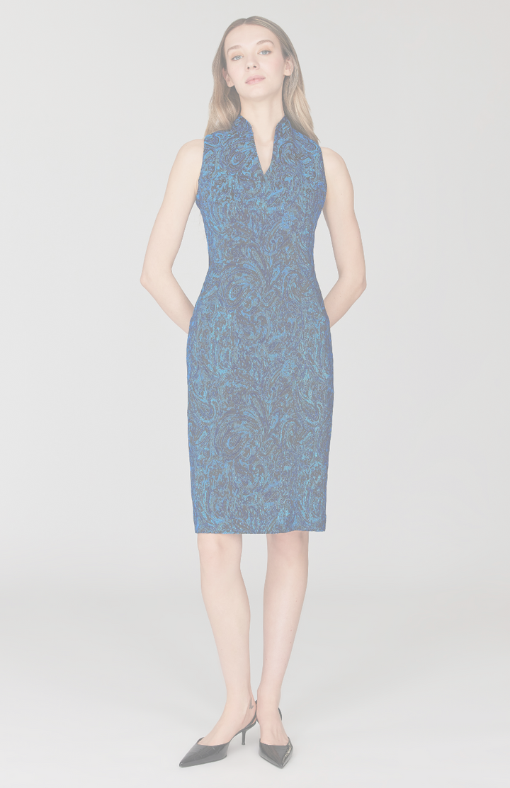 Paisley Stretch Jacquard Fitted Dress w/ High Neck