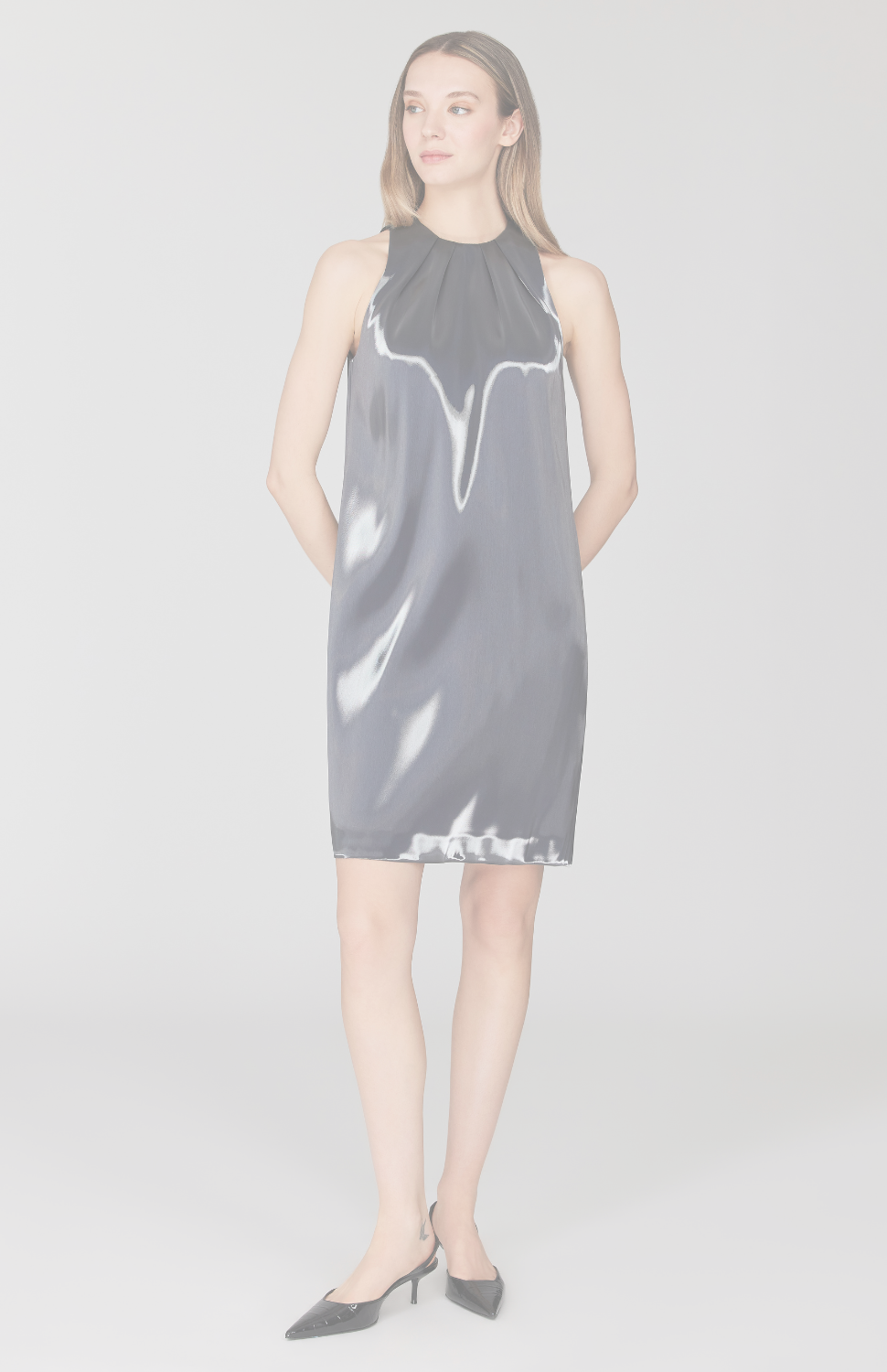 Liquid Organza Shift Dress w/ Pleat Neck 10 / Charcoal XN Liquid Organza Shift Dress w/ Pleat Neck 10 / Charcoal XN