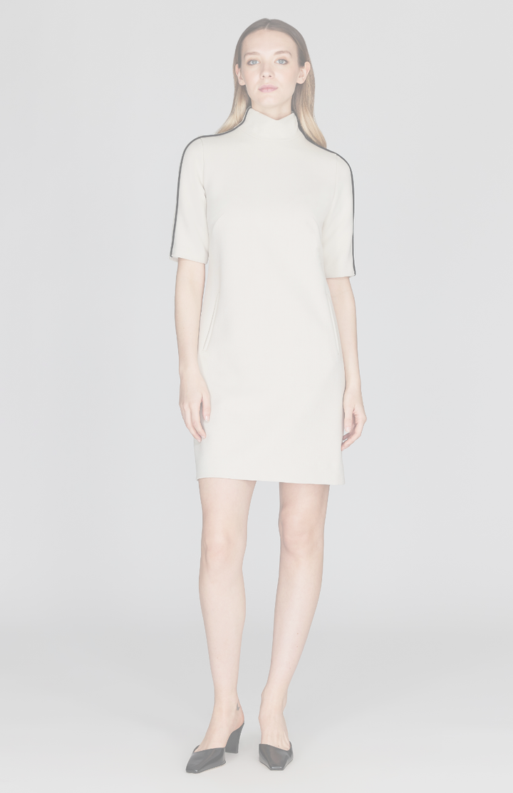 Double Face Turtleneck Shift Dress w/Contrast Bias