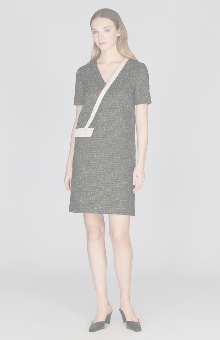 Metallic Tweed Color Blocked Short Sleeve Shift Dress