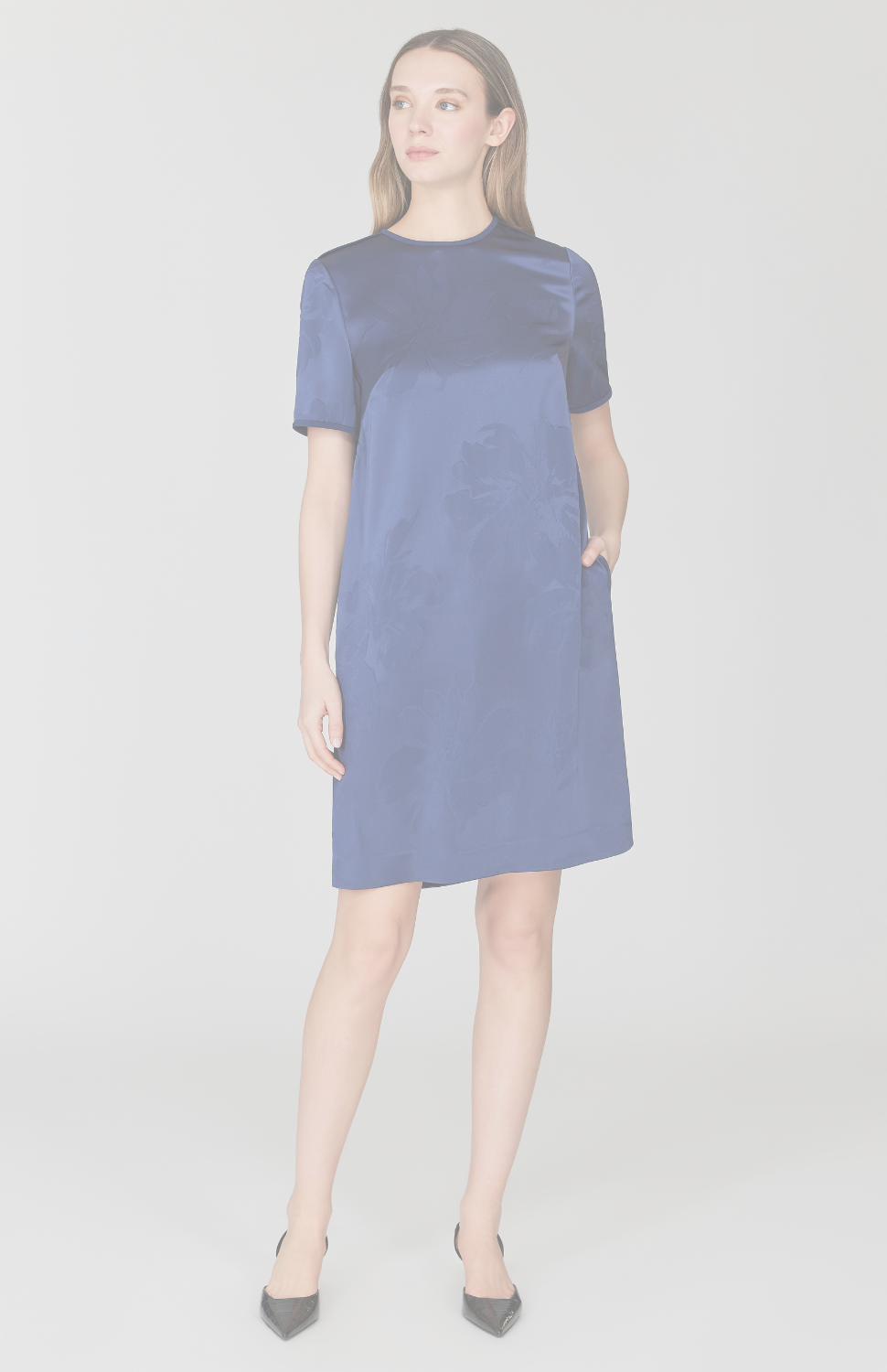 Embossed Floral Satin Short Sleeve Shift Dress