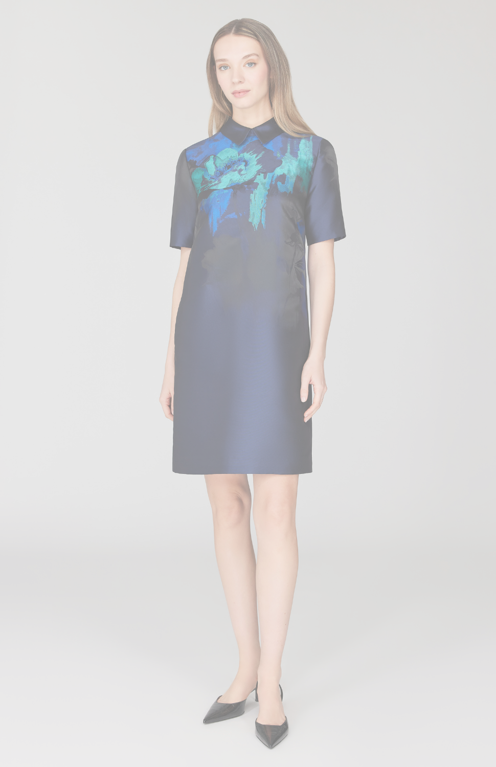 Watercolor Floral Jacquard Short Sleeve Collared Shift Dress