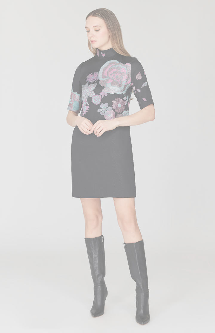 Metallic Scattered Flora Turtleneck Shift Dress w/ Satin Bias