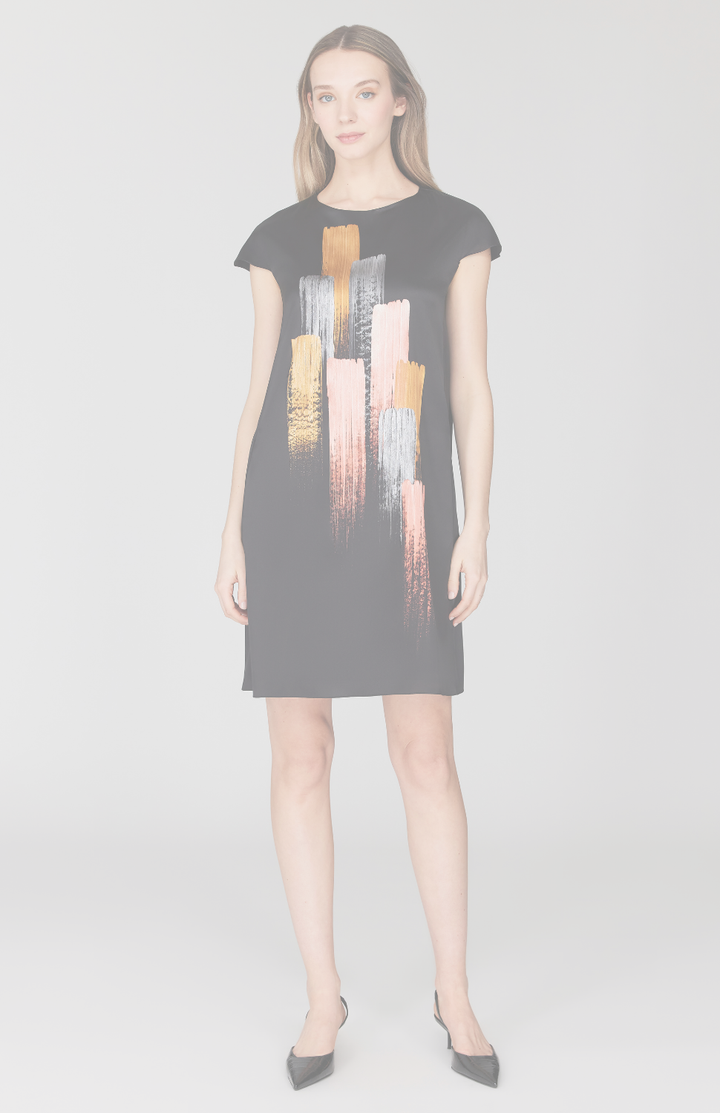 Brush Stroke Print Short Cap Sleeve Trapeze Dress