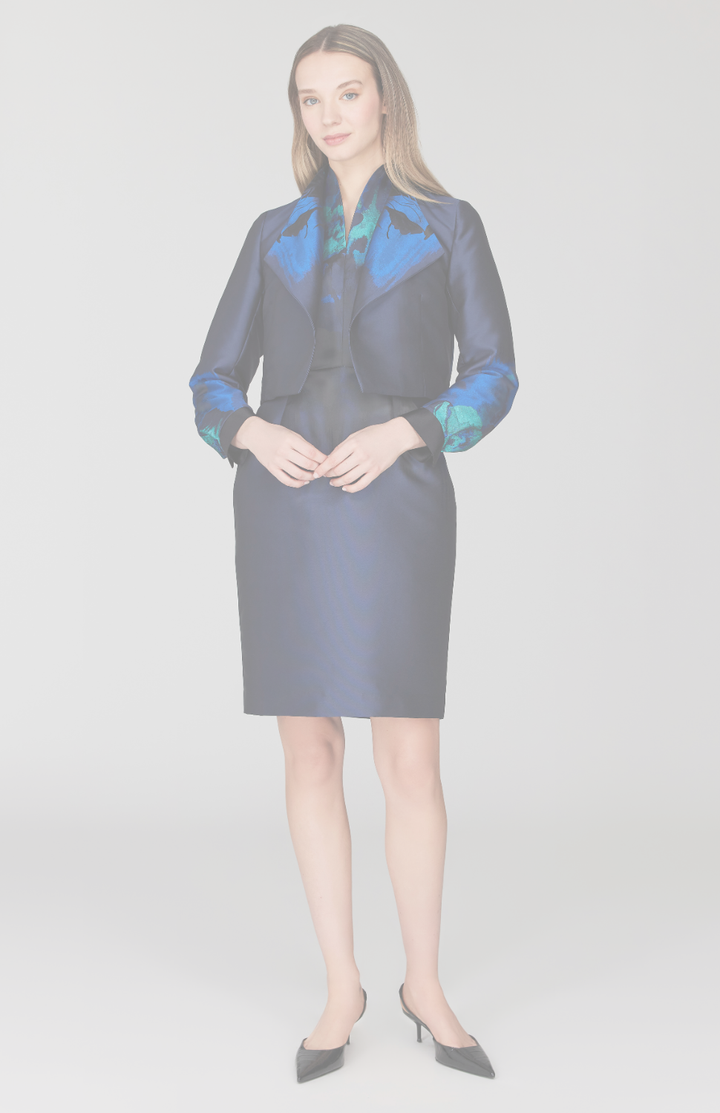 Watercolor Floral Jacquard Short Jacket w/ Pleat Sleeve