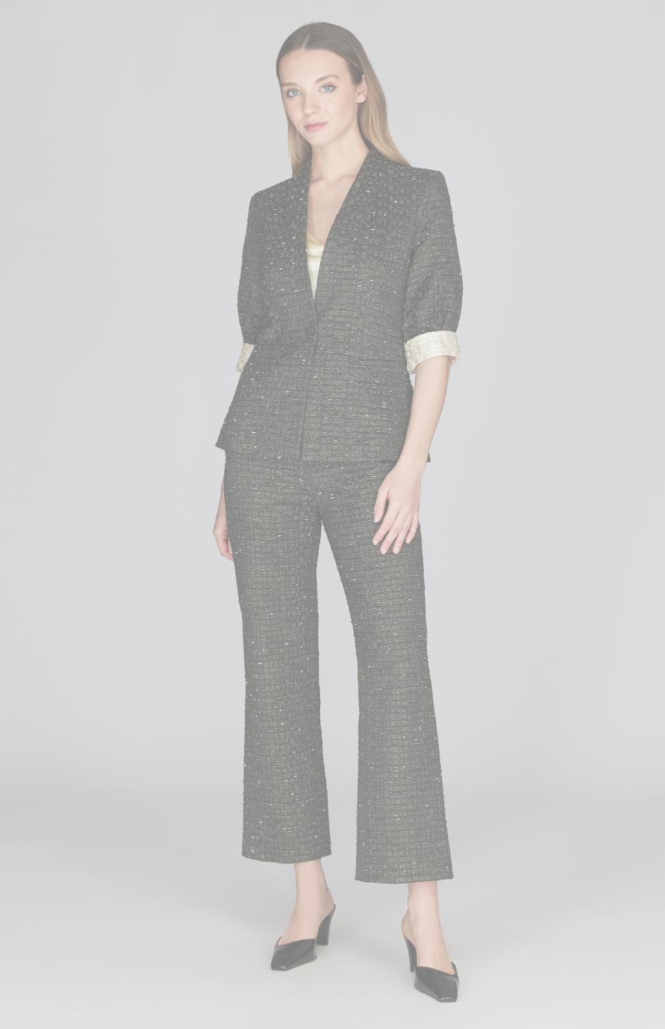 Metallic Tweed Fitted Jacket w/ Center Button