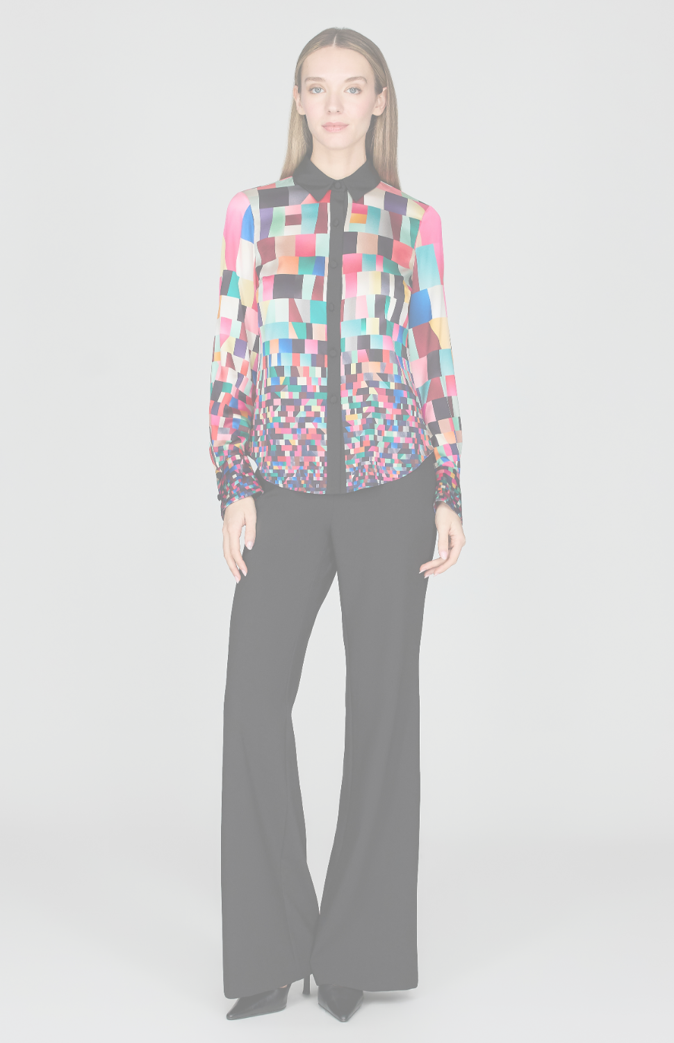 Bojagi Print Silk Fitted Collared Shirt w/ Relaxed Sleeve