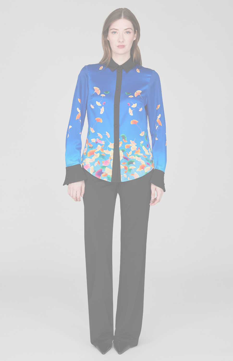 Falling Leaves Stretch Silk Fitted Collared Shirt w/ Relaxed Sleeve
