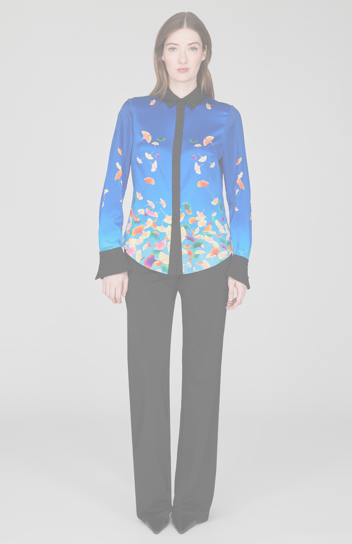 Falling Leaves Stretch Silk Fitted Collared Shirt w/ Relaxed Sleeve