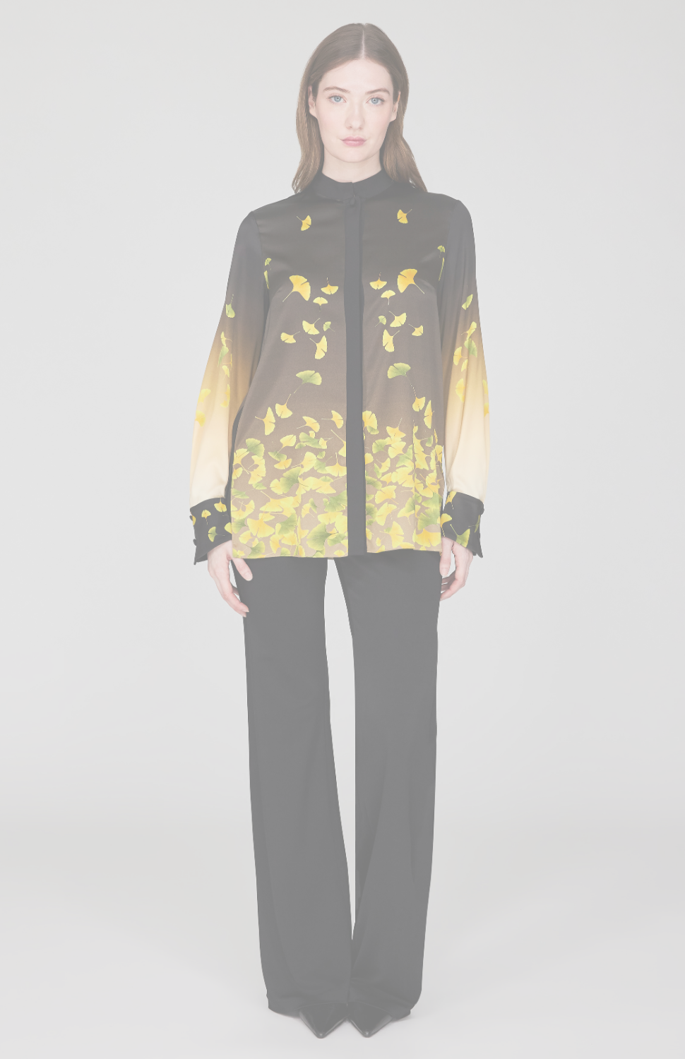 Falling Leaves Stretch Silk Mandarin Collar Blouse w/ Relaxed Sleeve