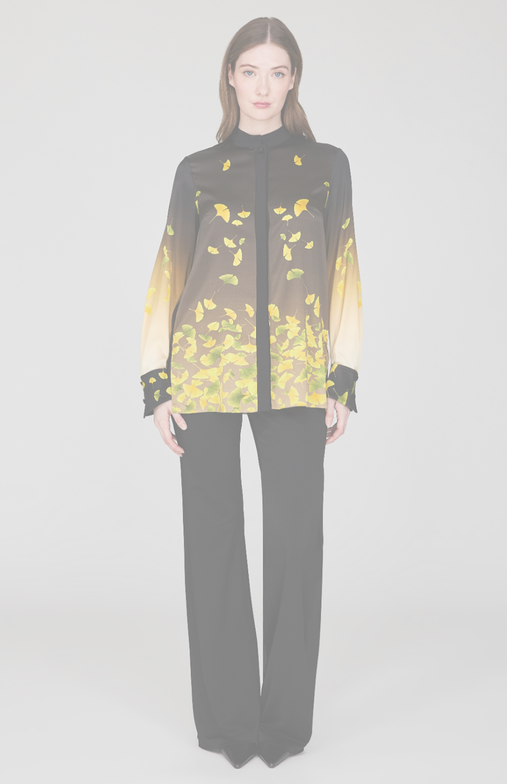Falling Leaves Stretch Silk Mandarin Collar Blouse w/ Relaxed Sleeve