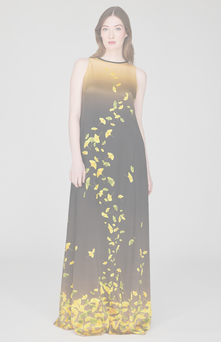 Falling Leaves Stretch Silk Trapeze Gown w/ Side Panels