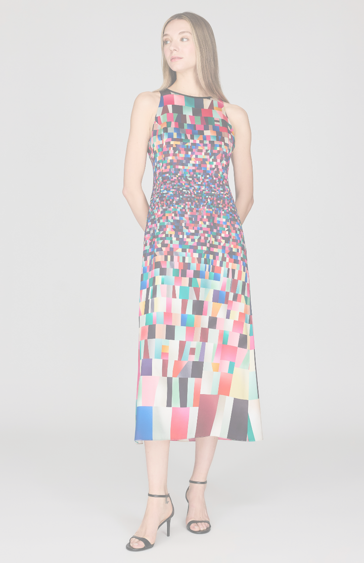 Bojagi Print Silk Tea Length Sleeveless Dress