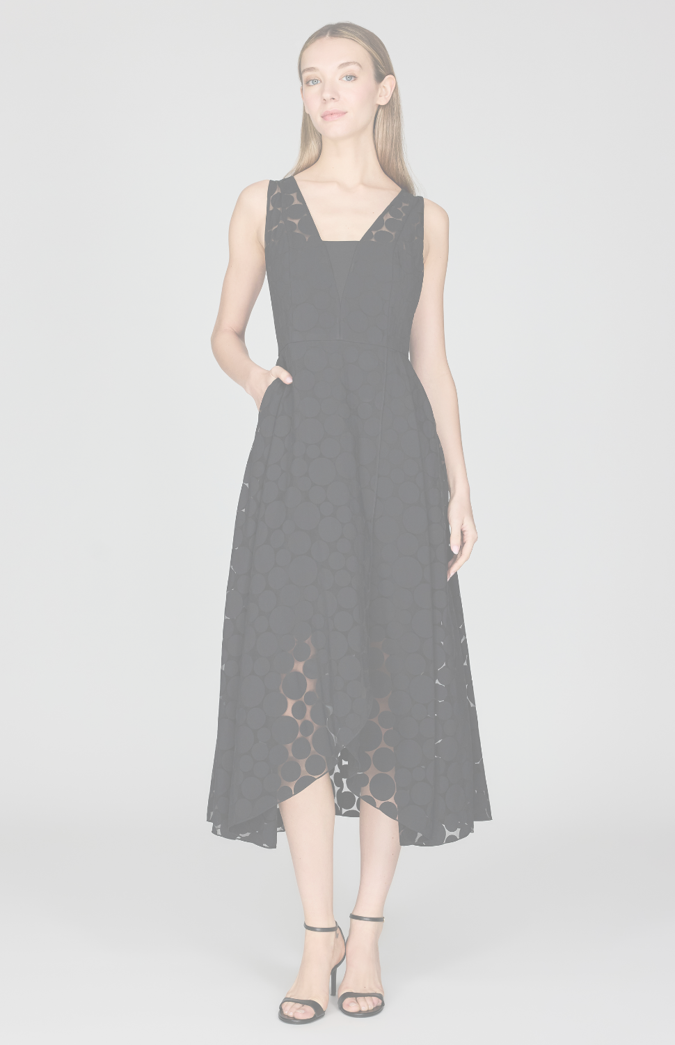 Sheer Dot Fit & Flare Dress w/ High Low Overlay 14 / Black UM