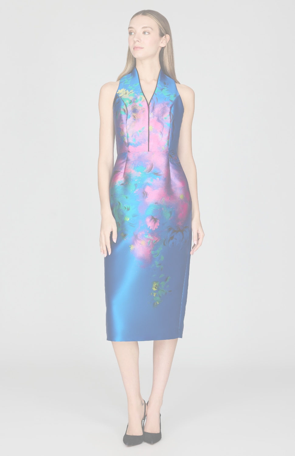 Abstract Flora Print Mikado High Neck Fitted Dress