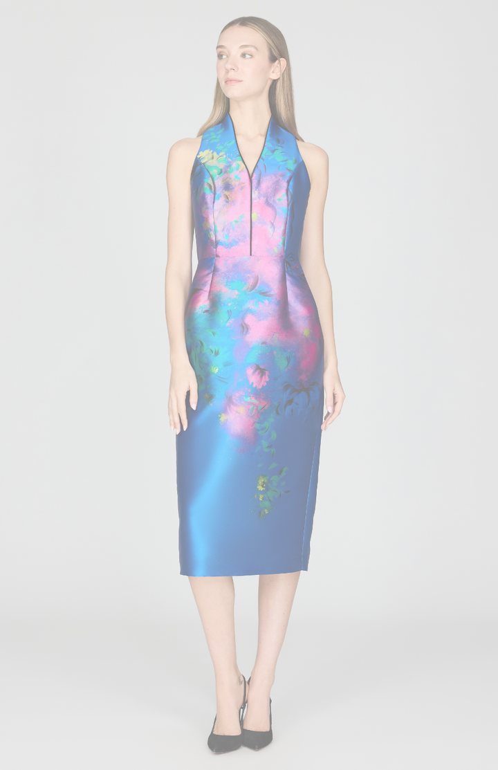 Abstract Flora Print Mikado High Neck Fitted Dress