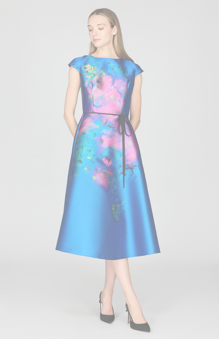 Abstract Flora Print Mikado Cap Sleeve Fit &amp; Flare Dress