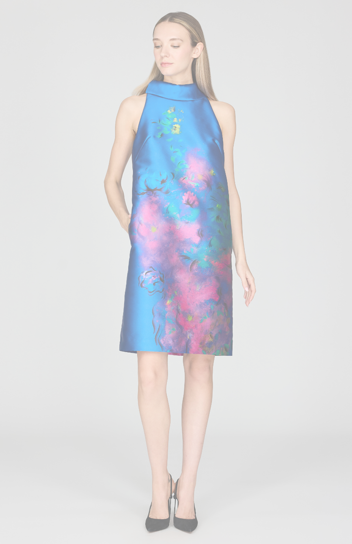 Abstract Flora Print Mikado Sleeveless Shift Dress w/ Oversized Collar