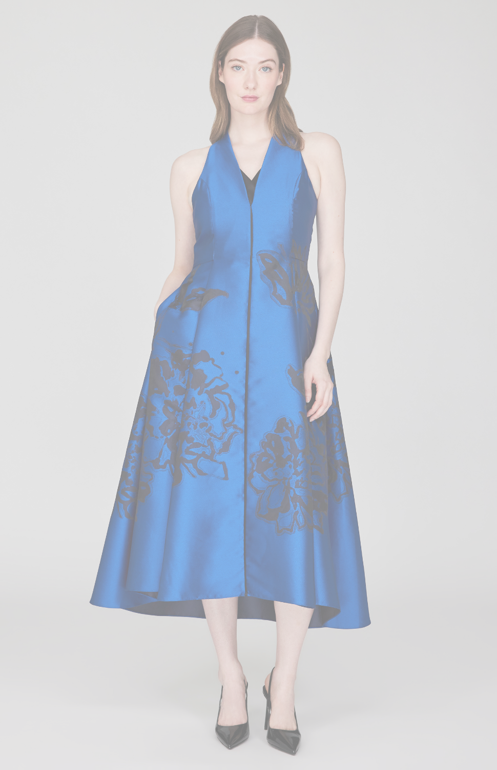 Calligraphic Flora Jacquard High Neck Fit &amp; Flare Dress w/ Satin V inset