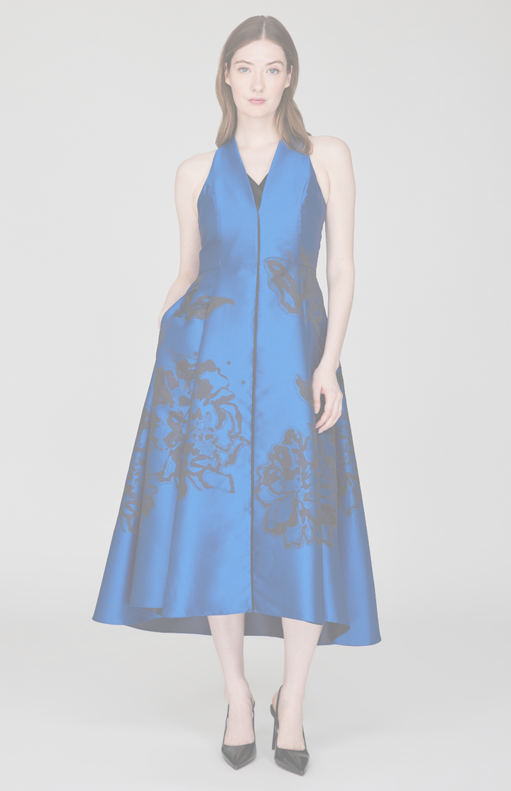 Calligraphic Flora Jacquard High Neck Fit &amp; Flare Dress w/ Satin V inset