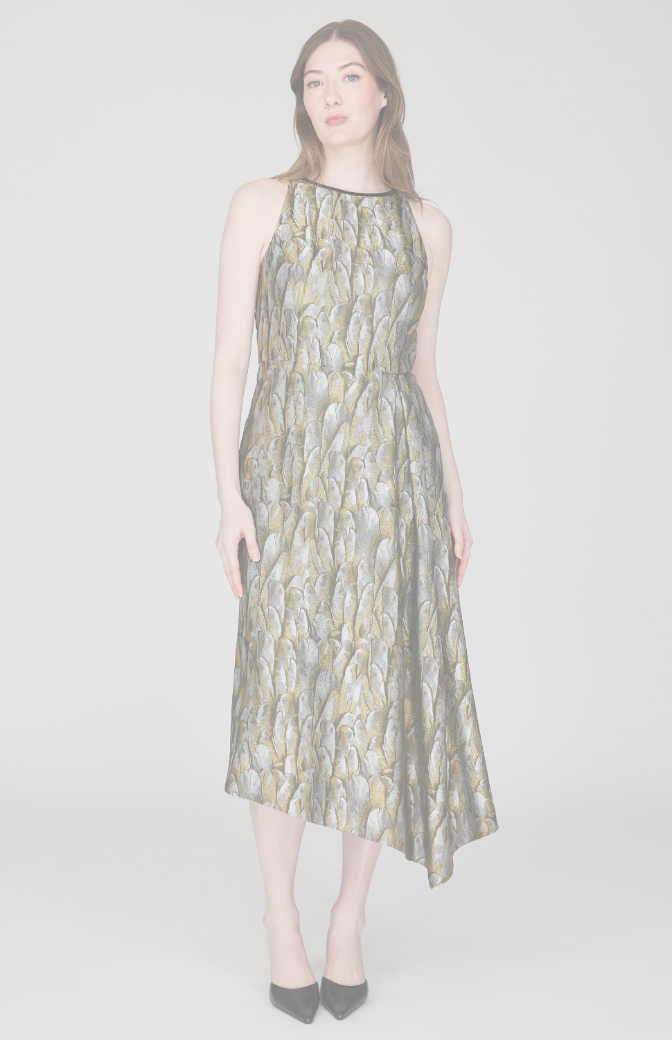 Shimmering Feather Jacquard Asymmetric Fit &amp; Flare Dress