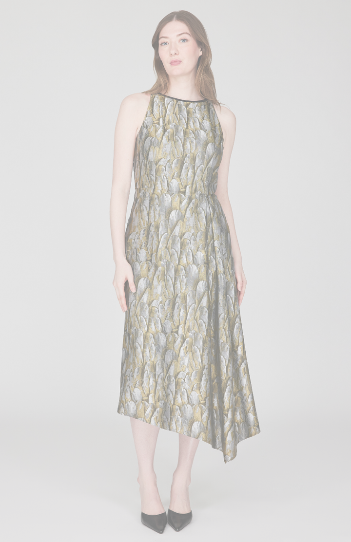 Shimmering Feather Jacquard Asymmetric Fit &amp; Flare Dress