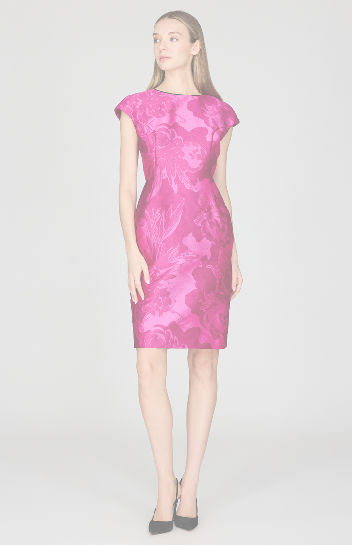 Tonal Flora Jacquard Cap Sleeve Fitted Dress