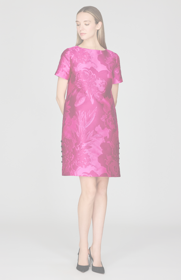 Tonal Flora Jacquard Short Sleeve Shift Dress w/ Button Detail