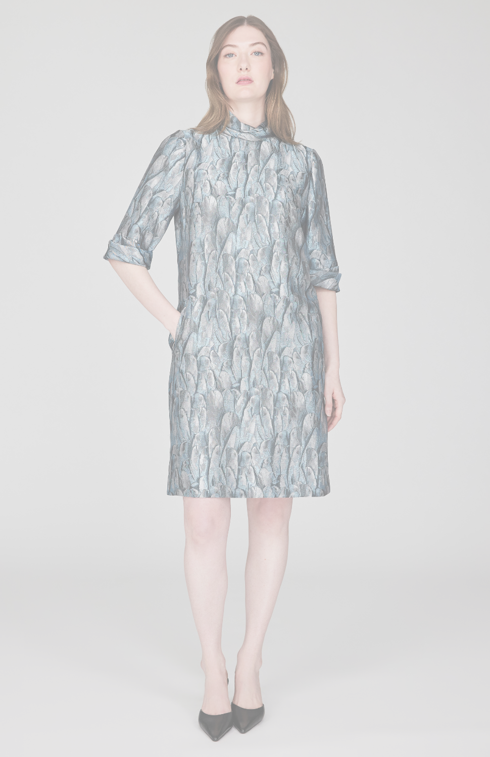 Shimmering Feather Jacquard Short Sleeve Shift Dress w/ Twist Neck &amp; Cuff