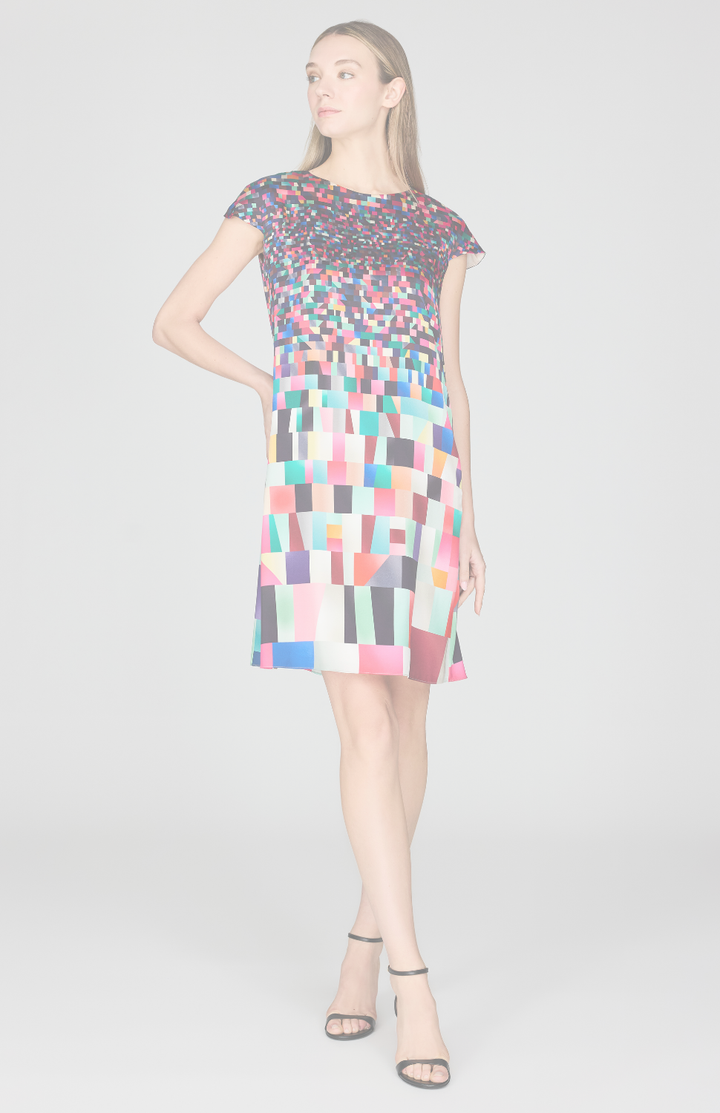 Bojagi Print Silk Cap Sleeve Trapeze Dress