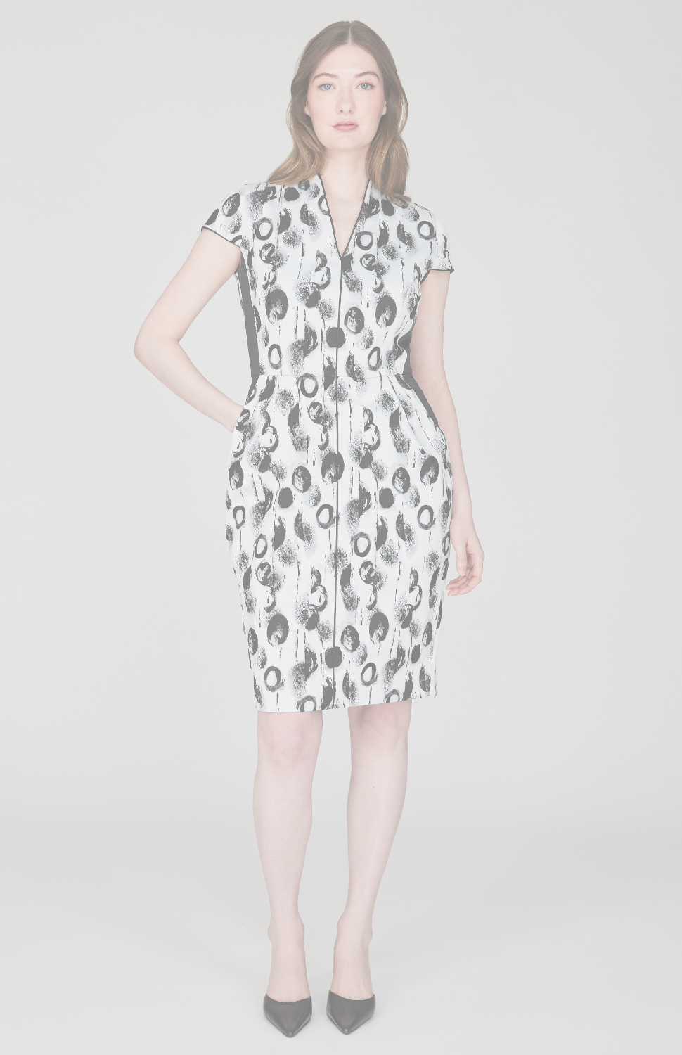 Contrast Dot Stretch Jacquard High Neck Fitted Dress w/ Cap Sleeves